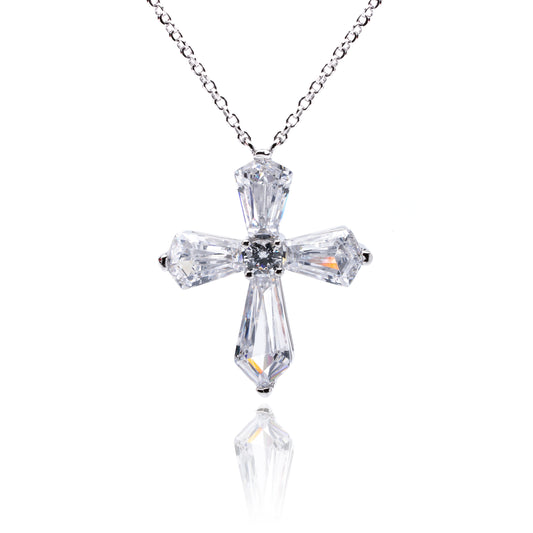S925 Sterling Silver Pentagonal Round Zircon Cross Necklace