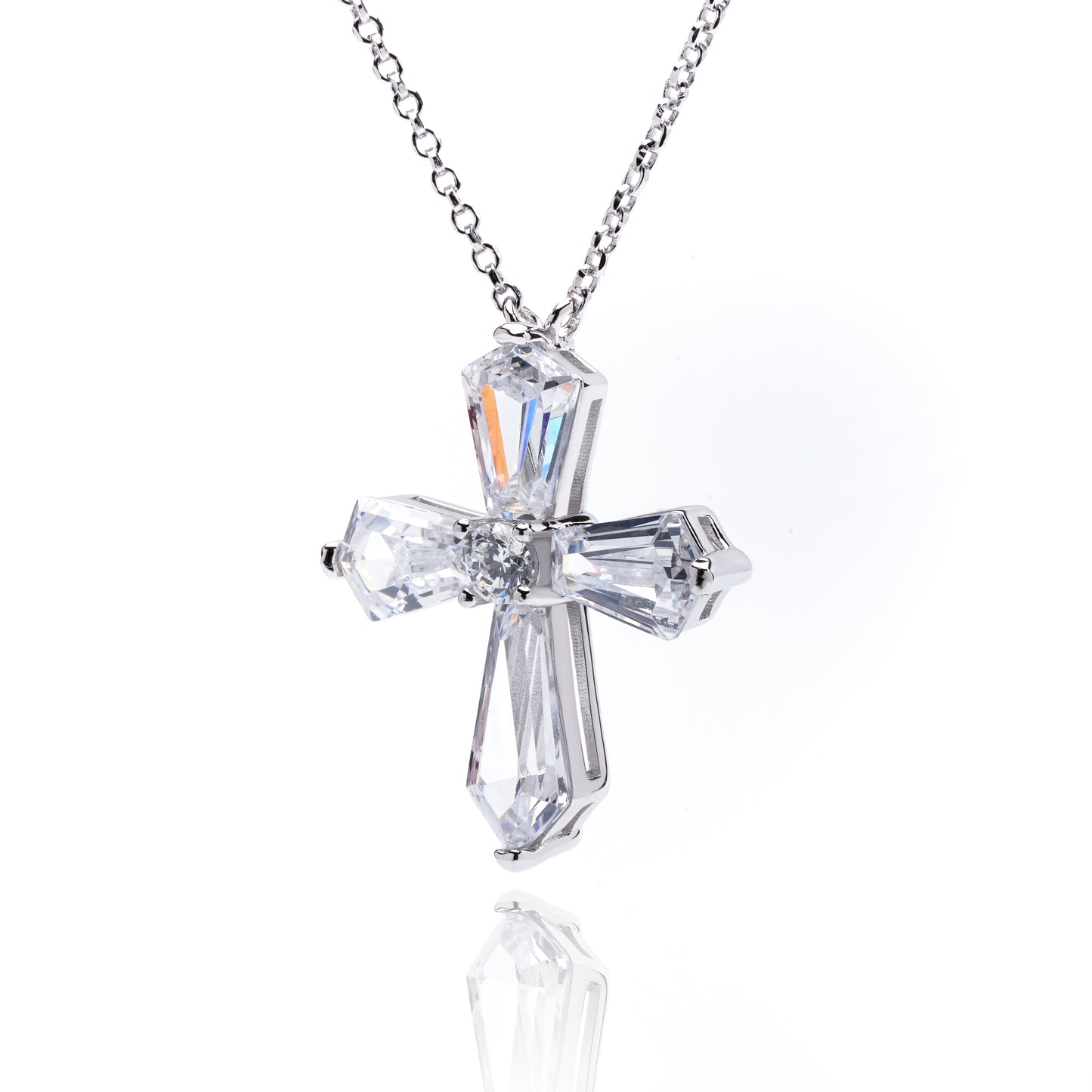 S925 Sterling Silver Pentagonal Round Zircon Cross Necklace