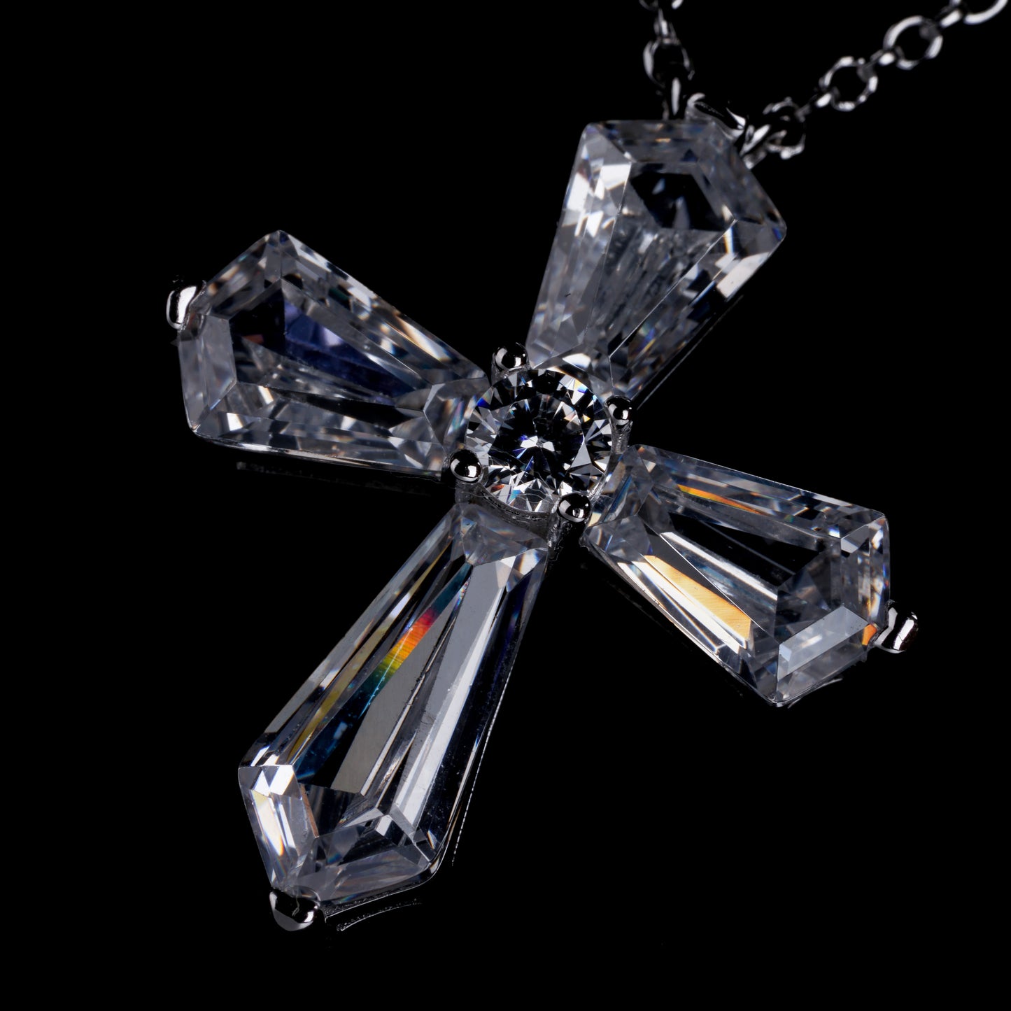 S925 Sterling Silver Pentagonal Round Zircon Cross Necklace