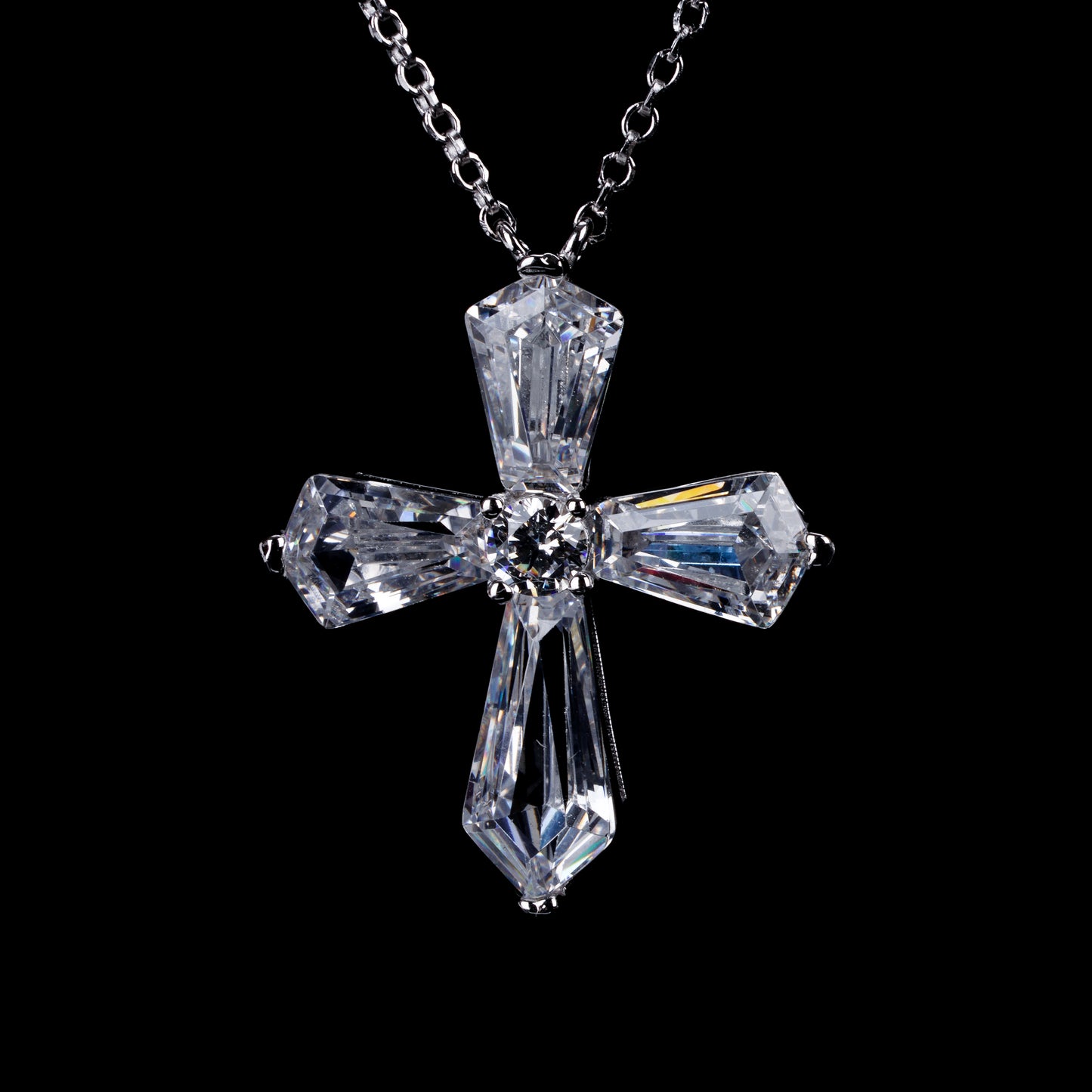 S925 Sterling Silver Pentagonal Round Zircon Cross Necklace