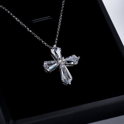 S925 Sterling Silver Pentagonal Round Zircon Cross Necklace
